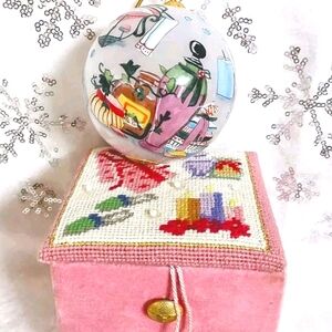 Glass Ornament Hand Painted Inside Needlepoint Velvet Gift Boxed